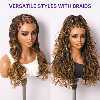 Ombre Honey Blonde French Curl Knotless Boho Braids HD Full Lace Long Wig Flexi Fit Invisi Drawstring Cap